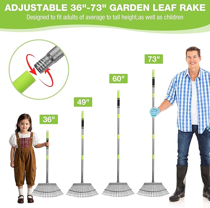 WORKPRO Rakes, Small Leaf Rake with 73” Adjustable Long Handle, Narrow Metal Garden Rake with 25 Steel Tines, Heavy Duty Rust-Resistant Lawn Rakes for Yard, Garden, Shrubs, Flower Beds & Tight Spaces