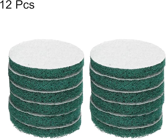 HARFINGTON 12pcs Scrubber Scouring Pads 180 Grits 4 Inch Drill Power Brush Hoop and Loop Surface Conditioning Disc Drill Scuffing Disc Scrub Pads for Home Kitchen Cleaning, Green