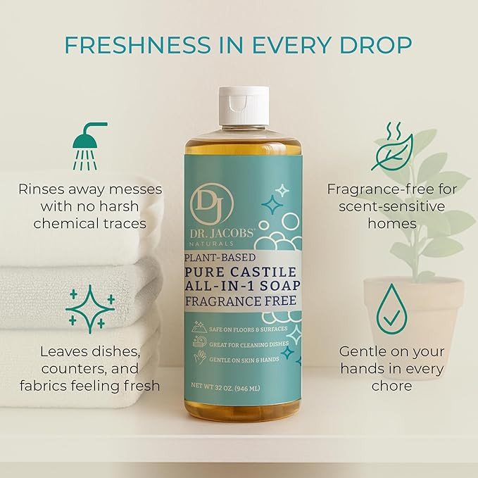 Dr. Jacobs Naturals Fragrance Free Castile All-in-One Cleaner and Soap - Plant-Based Formula for House Cleaning Floors and Appliances - Gentle on Skin and the Planet - 32 oz, 1 Pack