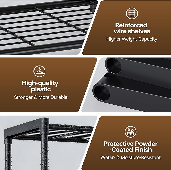 4-Tier Storage Shelves with Plastic Connectors – Metal Shelf Organizer for Pantry, Closet & Bathroom, Space-Saving Sturdy Shelving Unit Rack, Black, 17.3" x 12.8" x 42.9"
