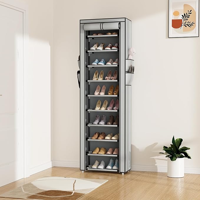 ROJASOP Shoe Rack with Covers 10 Tier Large Shoe Organizer Tall Shoe Closet Storage for 20-22 Pairs Shoe and Boot, Free Standing Shoe Rack Organizer for Closet, Entryway, Bedroom, Grey