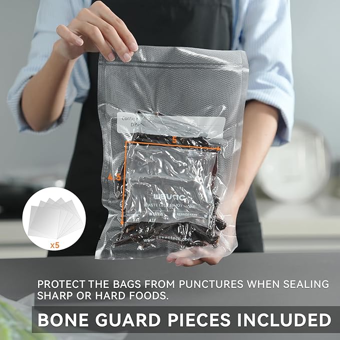 Wevac Vacuum Sealer Bags, 150 Gallon 11" x 16", and Quart 8" x 12" and Pint 6" x 10", 5 Liquid Block Bags & 5 Bone Guard Pieces, Heavy Duty for Food Storage, Sous Vide & Meal Prep