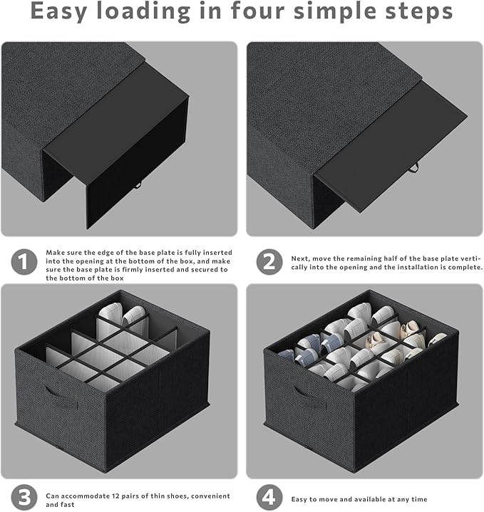 FHSQX 4 Pack Shoe Organizer for Closet,Foldable Shoe Organizer,Fits up to 48 Pairs,Storage Containers With Bottom Support for Shoes (Black, (16.5 * 12.6 * 9.5) x4)