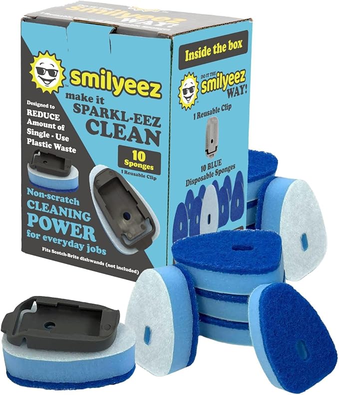 Smilyeez No-Plastic Blue Non-Scratch Sponge Refill with Reusable Clip (10 Pack) for Scotch-Brite's Advanced Soap Control Dishwand - Refill with Adapter, Easy to Install