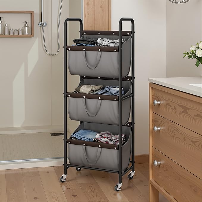 GRANNY SAYS 3 Tier Laundry Sorter, Laundry Hamper with Wheels, Laundry Room Organization and Storage, 3 Section Rolling Laundry Cart for Dorm, Bathroom, Bedroom, Closet, Grey