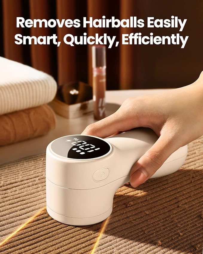 GAIATOP Fabric Shaver Rechargeable Lint Remover 3 Speeds Sweater Defuzzer, Cute Digital Screen Large Storage 6-Leaf Blades, Fuzz Pills Bobbles Trimmer for Clothes Furniture Bedclothes White 1 pcs