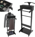 Clothing Rack, Wood Suit Clothes Stand with Drawer, Practical Freestanding Clothes Stand with Top Tray for Men, Women,Organizes Ties, Belts, Shoes, 22Ibs Capacity, Modern Black
