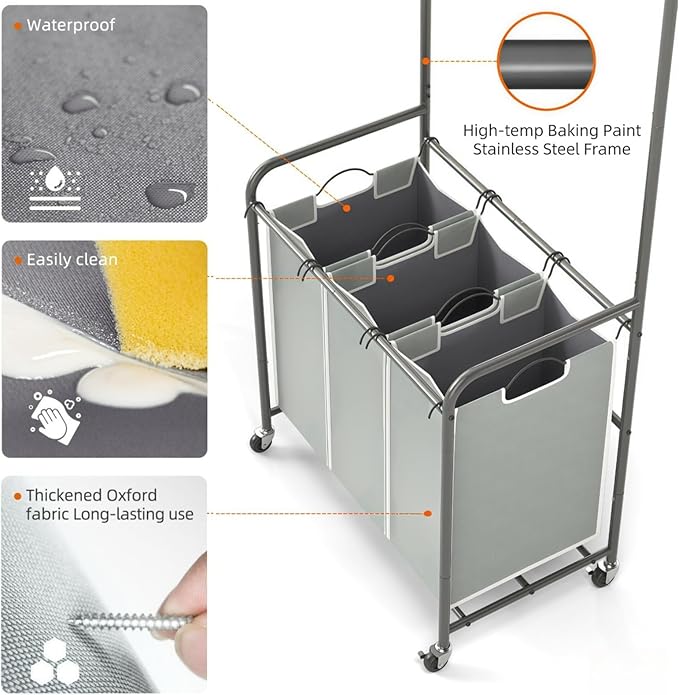 ROMOON Laundry Sorter Hamper with Hanging Bar, 3 Section Rolling Laundry Cart with Clothes Rack & Heavy-Duty Lockable Wheels, Divided Laundry Basket Organizer for Apartment & Small Spaces (130L Grey)
