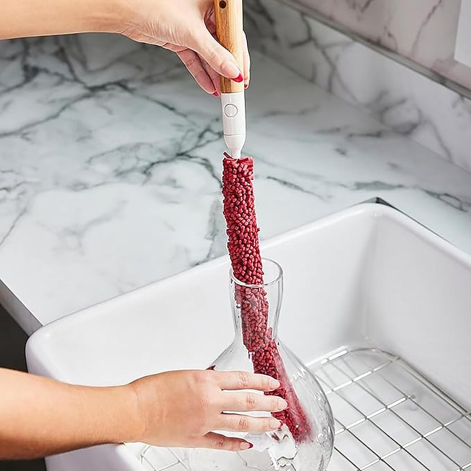 Wine Enthusiast Interchangeable Glassware Cleaning Brush Set – 5-Piece Bamboo Handle with Specialized Brush Heads for Wine Glasses, Decanters, and Barware Cleaning