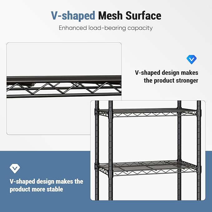 DUMOS 5 Tier Metal Shelving, Heavy Duty Shelves Wire Shelving Unit with Removable Wheel Casters, Shelves Organizer for Bathroom Garage Living Room Kitchen Pantry Laundry Black