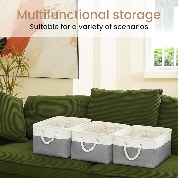 Large Storage Baskets- 15.7x11.8x8.26 inch Storage Bins for Shelves and Closet Organizing, Foldable Fabric Bin for Home Organization Clothes and Laundry (6-Pack, White&Gray)