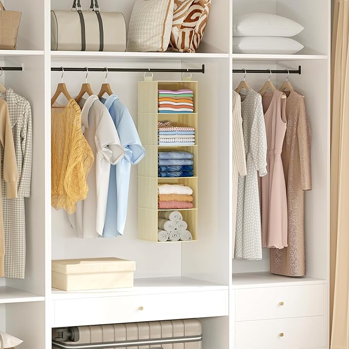 Lifewit 5 Tier Hanging Closet Organizer and Storage for Shelves, Foldable Clothes Shelf with 2 Sturdy Hooks, Sweater/Coat/Shoes Clothing Organization for Wardrobe, Dorm, Bedroom, Beige