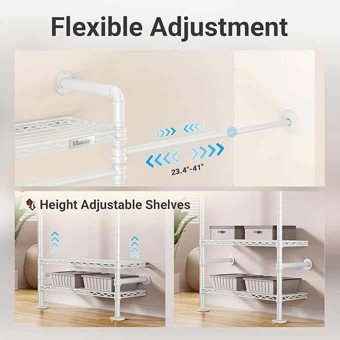Timate S3X PLUS Closet System, Expandable Wall Mounted Closet with 6 Adjustable Shelves & 4 Expandable Hanger Rods, Industrial Pipe Clothing Rack for Hanging Clothes, Fits Spaces 6'11"- 9'10", White