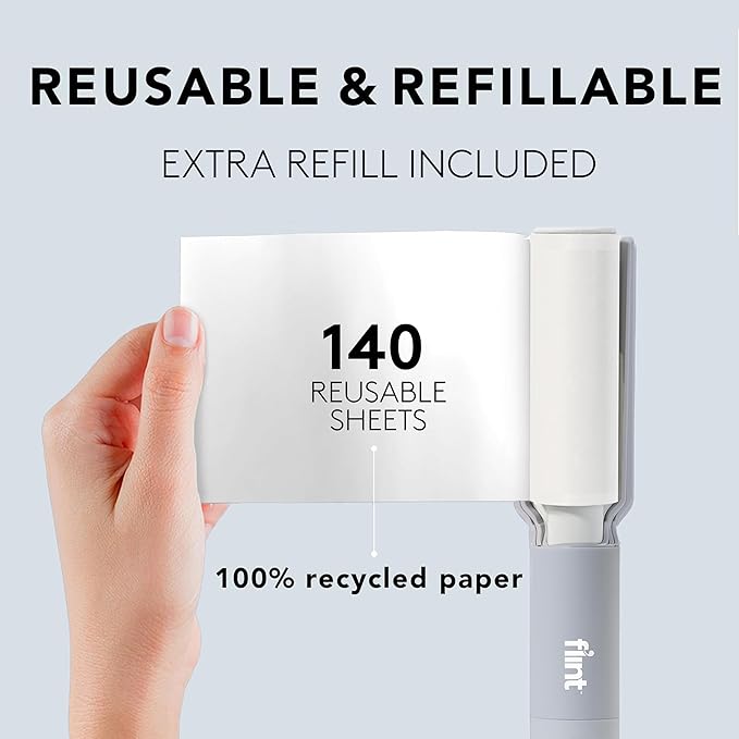 Flint Plus XL Retractable Lint Remover & Pet Hair Roller for Clothes – Refillable & Reusable Lint Roller with 140 Extra Sticky Tear-Off Sheets – Value Pack, Light Grey