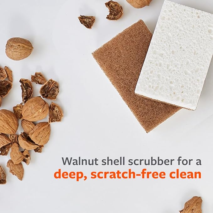 Full Circle Walnut Scrubber Sponges, Pack of 2 – Dual-Sided, Plant-Based & Recycled Kitchen Sponges, Gentle on Nonstick Cookware