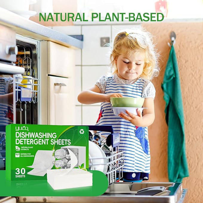 Dishwasher Detergents Sheets (30 Count) - 100% Natural Plant-Based Eco Dishwashing Soap Solid Enzymes Grease Removal & Shiny Finish Compatible with Large & Small Dishwashers Tablets Residue-Free