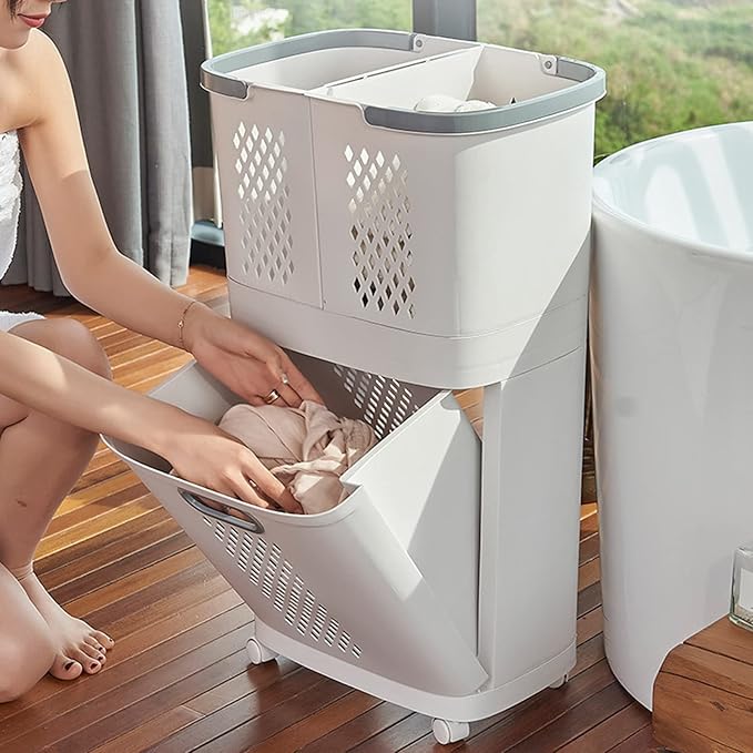 Laundry Basket Organizer Storage Shelf with Frame and Baskets Storage Drawers Unit,Laundry Towel Hamper Cabinet Tower One Part Compartment Sorter Basket(2-Tier,With Wheels)