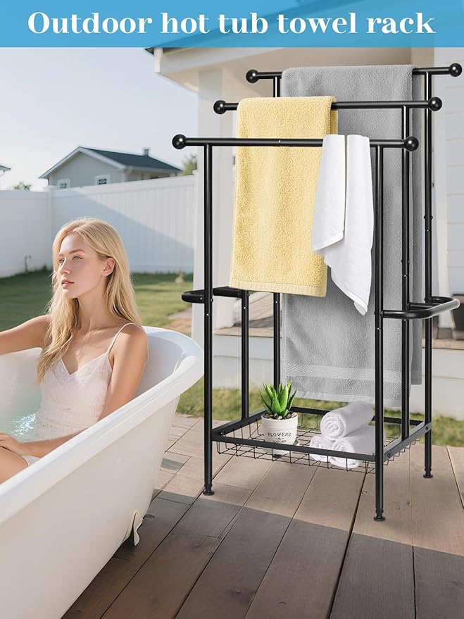 Haturi Free Standing Towel Rack for Bathroom, 3-Tier 39" H Black Metal Towel Drying Rack with Storage Basket, 24.4" L x 13" W x 39" H Rust-Resistant Outdoor Holder for Pool & Oversized Towels