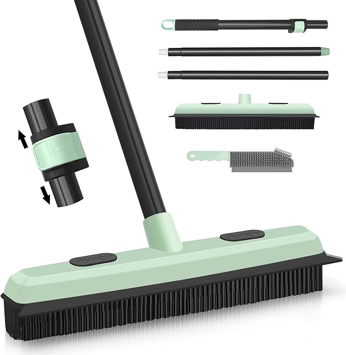 Upgraded Rubber Broom Pet Hair Remover with Squeegee Fur Sweeper Small Detailing Lint Brush to Fluff Carpet Rug Tile Hardwood Floor