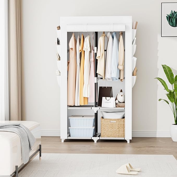 Portable Closet for Hanging Clothes, Portable Wardrobe Closet with Cover, 4 Storage Shelves, 2 Hanging Rods and 8 Side Pockets, Easy Assembly and Sturdy Free Standing Closet for Bedroom, White