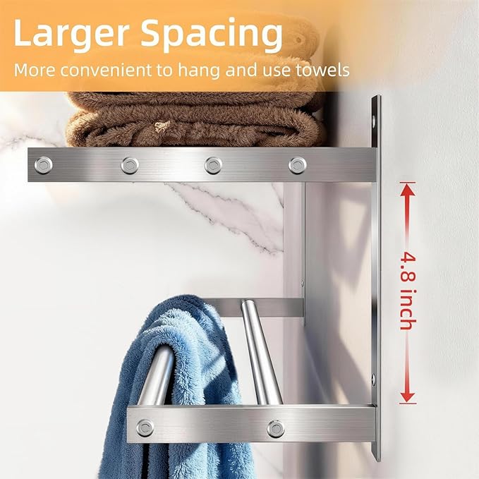 Towel Racks for Bathroom 24 inch, 2 Tier Bathroom Shelf with Double Towel Bar, Stainless Steel Wall Mounted Towel Rack with Shelf for Bathroom Towels Storage, Brushed Nickel