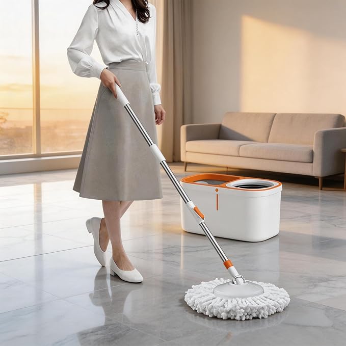 Floor Spin Mop and Bucket Set with Wringer System Extended Stainless Steel Handle 61＂for Home Floor Cleaning Use with 5 Replacement Head Refill and 1 Cleaning Brush Head