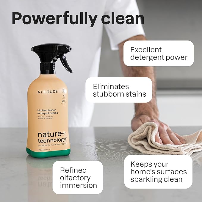 ATTITUDE Kitchen Cleaner Spray, EWG Verified, Degreaser Spray to Cut Grease & Grime, Plant-Based & Vegan, Lavender & Rosemary, 26 Fl Oz (Pack of 3)