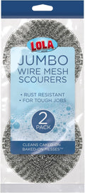 LOLA Steel Wool Wire Mesh Scouring Pad, 2 Pack, 4" Jumbo, Galvanized Steel, Heavy Duty Cleaning, Abrasive Scrubber, for Pots, Pans, Ovens, Grills