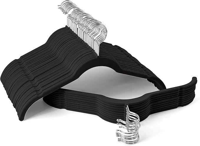 Sishynio Premium Velvet Hangers 50 Pack - Space-Saving Closet Organizer for Clothes, Non-Slip Flocked Design, Ideal for Shirts and Coats (Black)