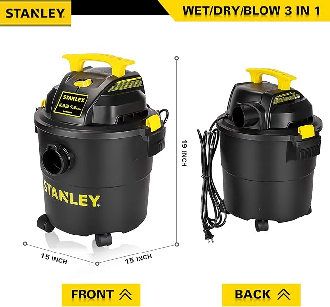 STANLEY Wet Dry Vacuum, 5 Gallon Shop Vac with Blower, 4 Peak HP 3 in 1 Power Suction Cleaner for Home, Jobsite, Garage, Basement, Shop Vacuum Wet and Dry for Car, Warehouse, Pet, Model: SL18115P