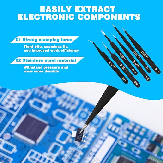 6PCS Precision Tweezers Set, ESD Anti-Static Heavy-Duty Stainless Steel Electronic Tweezers for Electronics Repair, Laboratory, Soldering, Jewelry Making Tools Straight & Curved Tips, Precision Tools