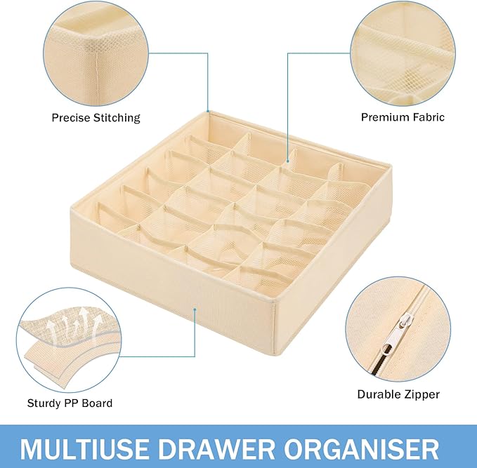 Foldable Storage Cubes Drawer Underwear Organizer Dividers， under Cabinet Organizer 24-Cell Fabric Storage Boxes for Lingerie,Socks,Ties（Creamy-White）