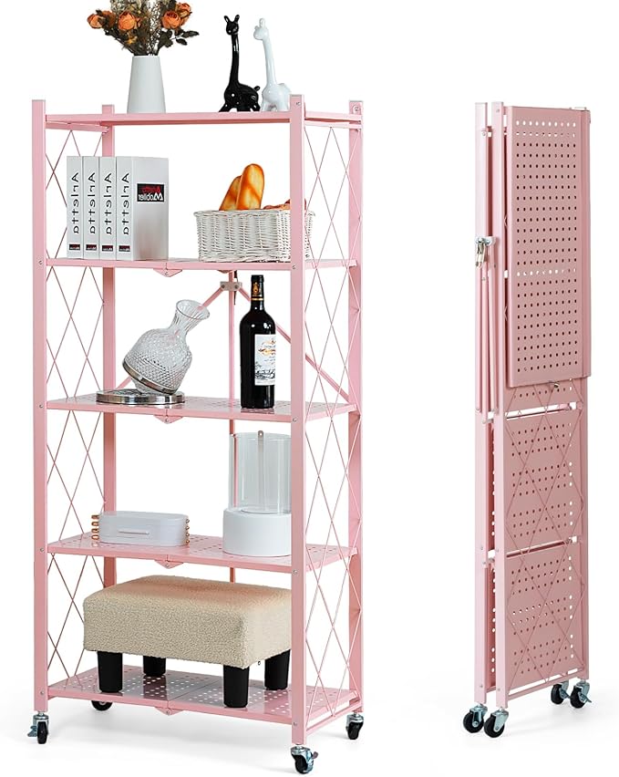 BRIAN & DANY 5-Tier Foldable Storage Shelves with Wheels, Folding Metal Rack Shelving Unit, Heavy Duty No Assembly Organizer Shelf for Garage, Kitchen, Basement, Pantry, Pink
