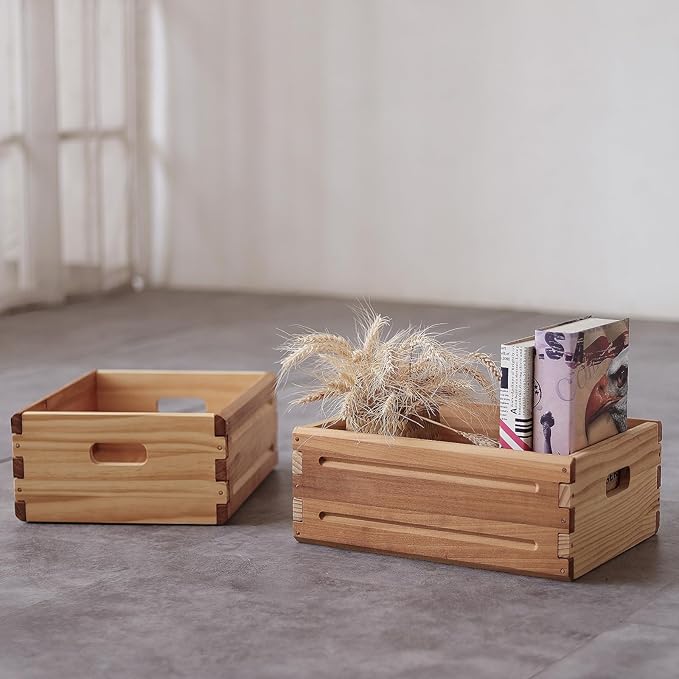 4 Pack Wooden Storage Bins of 16"x12"x6.25".Durable Open Solid Wood Box w/ Handles.Farmhouse Container Shelf Baskets. Multipurpose Home Décor Organizer Crates for Display,Pantry,Book,CD