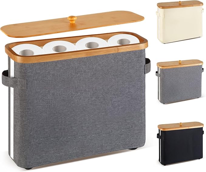 Bamboo Toilet Paper Organizer for Bathroom - Collapsible Storage Basket with Lid, Handle & Non-Slip Bottom, Gray