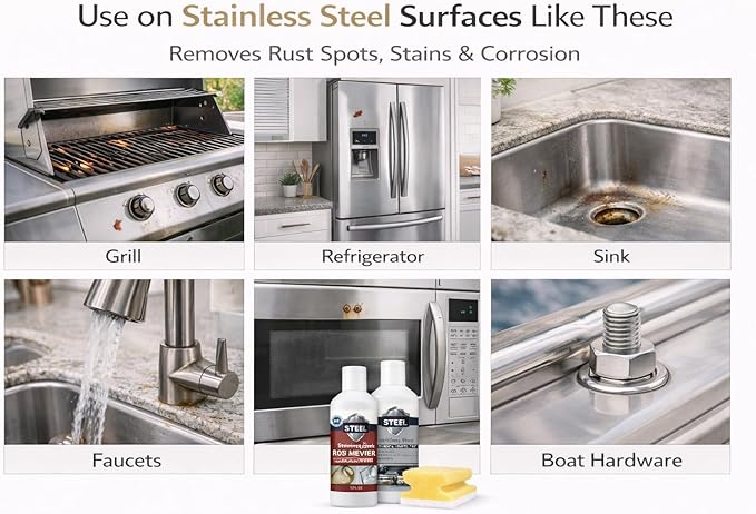 CLEAN MY STEEL Stainless Steel Rust Stain Remover & Cleaner Kit, NSF Safe for Food Areas. Includes Cleaner for Commercial Equipment, Appliances, Gloves & Sponge (8.5 oz)