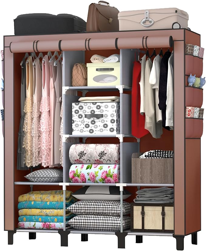 Portable Wardrobe with 10 Storage Racks and 2 Hanging Poles 6 Side Pockets Fleece Cover, Size 130 x 45 x 172 cm, Bedroom Closet Organizer (Coffee)