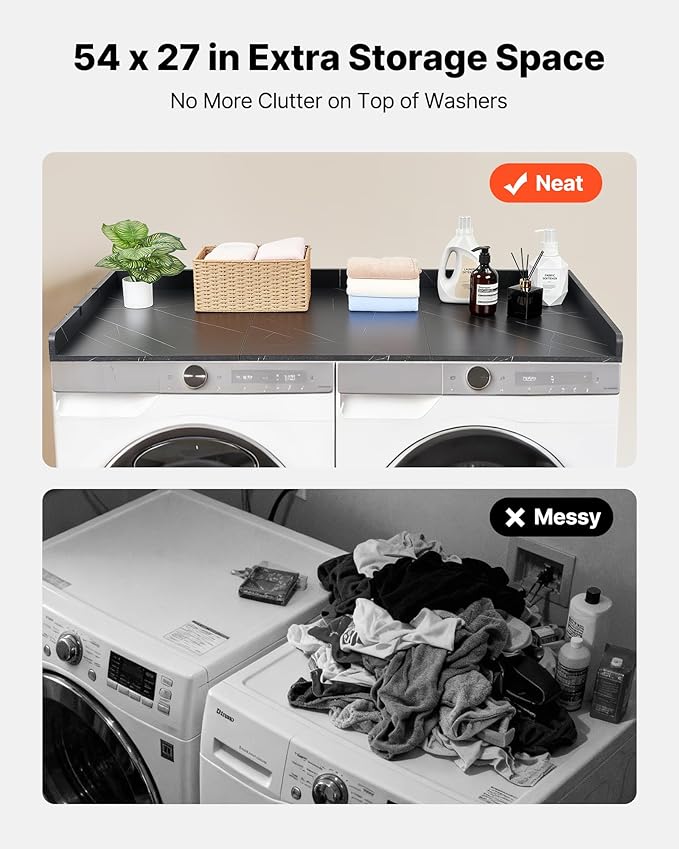VEVOR Washer Dryer Countertop with 3 Splicing Panels, 54" x 27" Wooden Washer and Dryer Countertop with 2 Hooks, Water-Resistant Laundry Topper for Laundry Room Organization and Storage, Black Marble