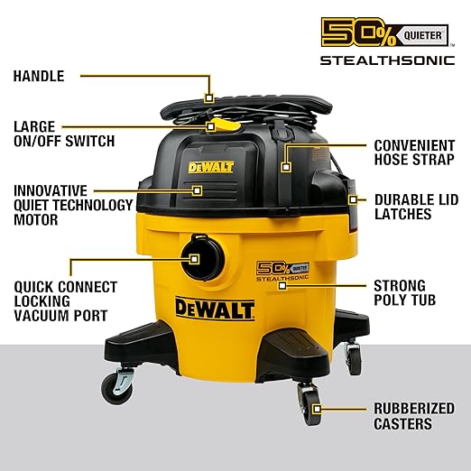 DEWALT 6-Gallon STEALTHSONIC Ultra Quiet Poly Shop Vacuum Wet and Dry with 6 Dust Bags, 5 Peak HP Noise Reduction Wet/Dry Vac for Jobsite, Workshop, and Garage, DXV06P-QTB