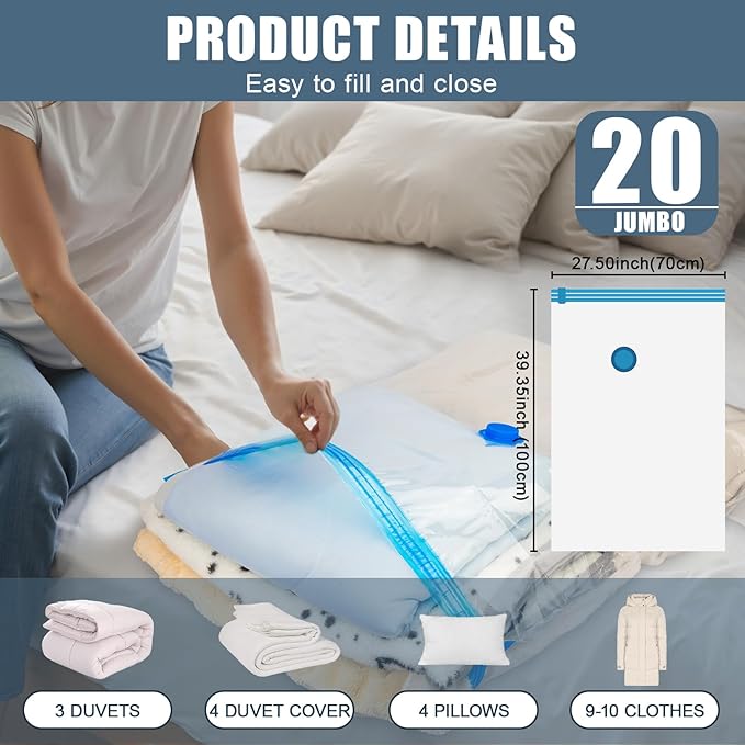 20 Jumbo Vacuum Storage Bags with Electric Pump, Vacuum Seal Bags for Clothing Space Saver Compression Storage Bag Large for Clothing Travel Comforters Blankets Pillows Bedding Duvets Clothes