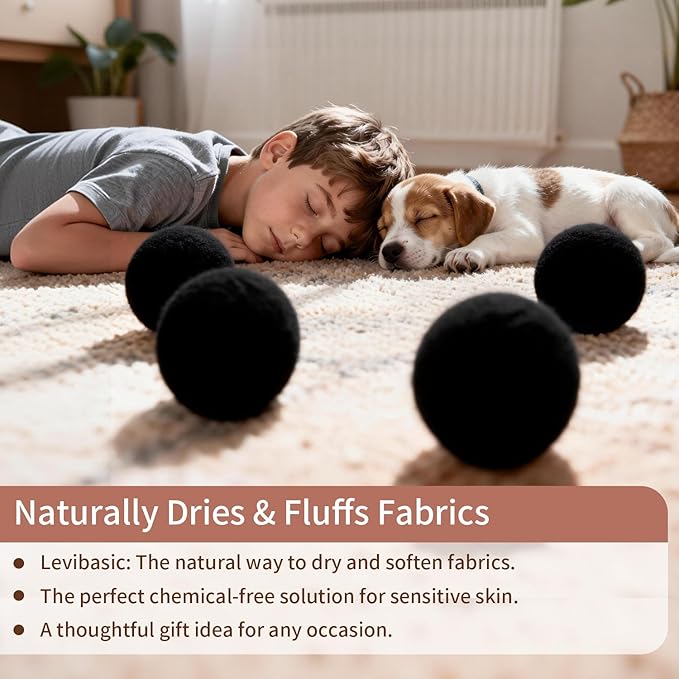 Wool Dryer Balls, New Zealand Dryer Balls Drying Balls Fabric Softener Ball for Laundry（Pack of 6) (Black)
