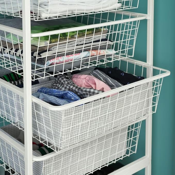 Storage Organizer with Top Metal Shelf, Storage Combination for Kitchen, Multipurpose Cabinet Organizer with 4 Large Wire Basket Storage, Shelf Rack for Office Laundry Room (4 Tier and top Shelf)