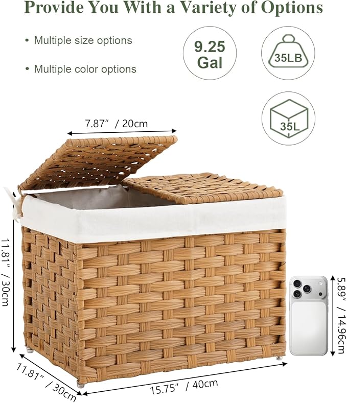 Storage Basket with Lid Woven Wicker Baskets with 2 Separate Lid, 9.2 Gallon (35 L) Wicker Storage Bins with Handles, Foldable and 2 Removable Liner Bags for Bedroom, Laundry Room Natural