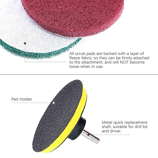 Swpeet 16Pcs 4Inch 3 Different Color Scrubbing Pads Drill Powered Brush Tile Scrubber Scouring Pads Cleaning Kit, Abrasive Buffing Pads Replacement with 1 Pcs Hook Attachment for House Cleaning