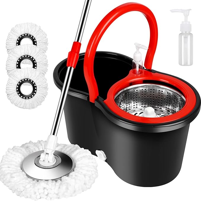 Mop Bucket with Wringer Set, 360 Rotation Mop Bucket Systerm for Floor Cleaning with 3 Microfiber Mop Head for Office and Home Use, Black (20QT)