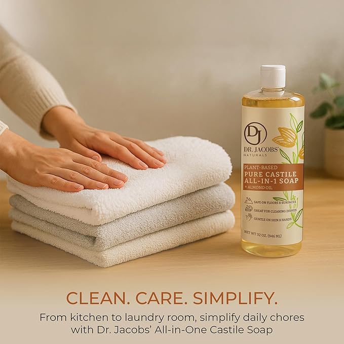 Dr. Jacobs Naturals Almond Castile All-in-One Cleaner and Soap - Plant-Based Formula for House Cleaning Floors and Appliances - Gentle on Skin and the Planet - 32 oz, 2 Pack