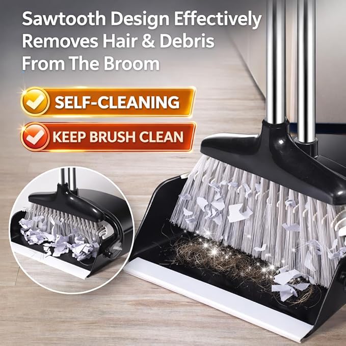 Broom and Dustpan Set with Long Handle and 6 Bonus Cleaning Tools, Upright Standing Combo with Self-Cleaning Teeth & Windproof Dustpan for Pet Hair, Home, Kitchen, Garage, Apartment