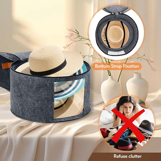 Kovpnor Round Hat Box, Stackable Felt Hat Boxes for Women Storage, Foldable Premium Hat Travel Case with Dustproof Lid, Space Saving Hat Organizer (Grey)