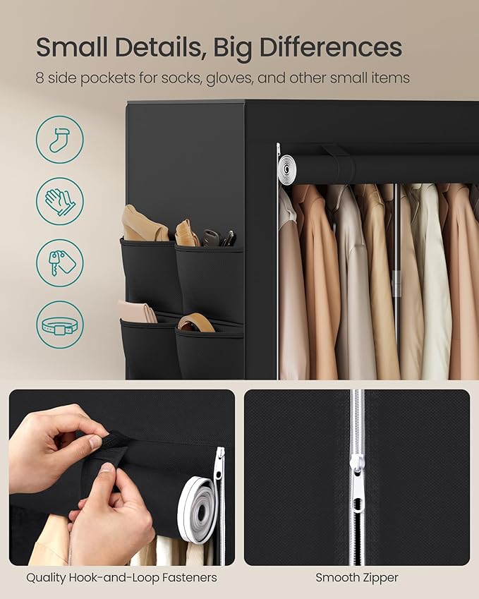 SONGMICS Portable Closet, Fabric Wardrobe, Clothes Rack with Shelves, Pockets, Large Capacity, 3 Hanging Rods, 50 x 17.7 x 70.9 Inches, Black URYG010BZ02