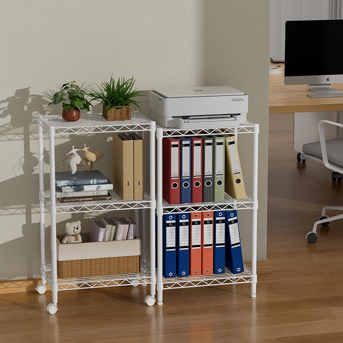 Golpart Small 3 Tier Shelves Storage Wire Shelving Unit Metal Shelf Adjustable Organizers Storage Shelving with Wheels for Bathroom Laundry Room Kitchen Pantry12”D x 18”W x 30.7”H White